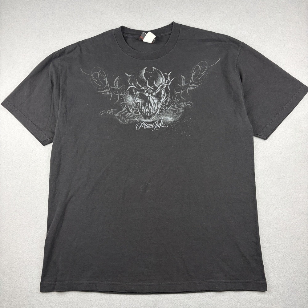 Y2K Miami Ink Skull Roses Graphic T-Shirt Black Men's XL